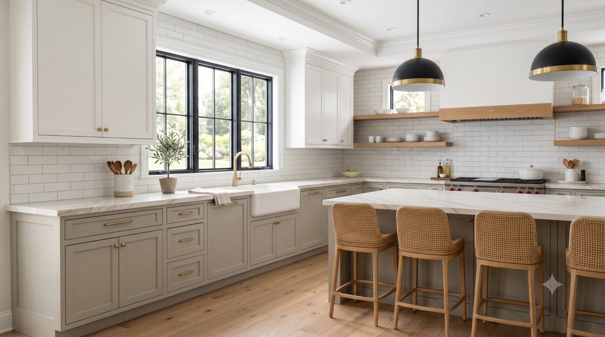 Two-tone kitchen with Benjamin Moore Revere Pewter lower cabinets, white upper cabinets, brushed brass hardware, quartz countertops, and natural daylight highlighting the warm greige finish.