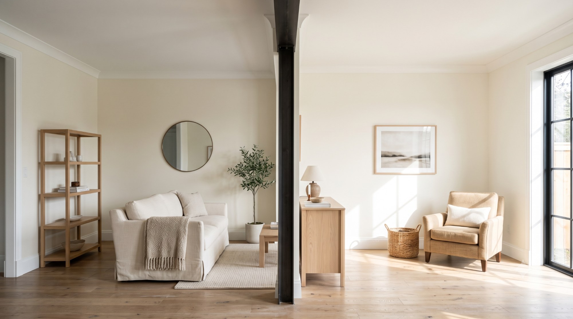 Split-room comparison of Swiss Coffee paint in cool north-facing light and warm south-facing light.