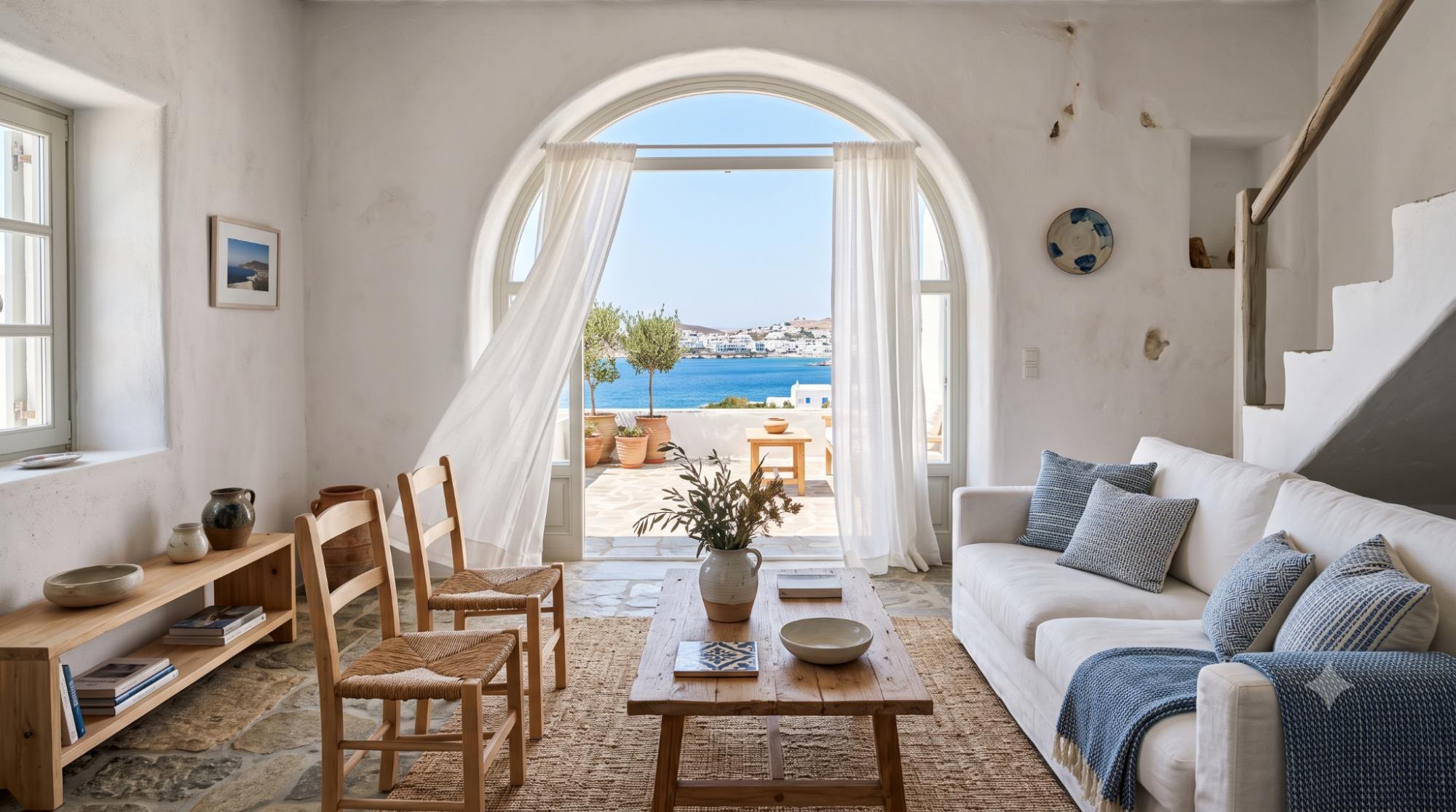 Greek Mediterranean room with white plaster walls, blue accents, stone flooring, simple wood furniture, breezy curtains, and natural daylight.