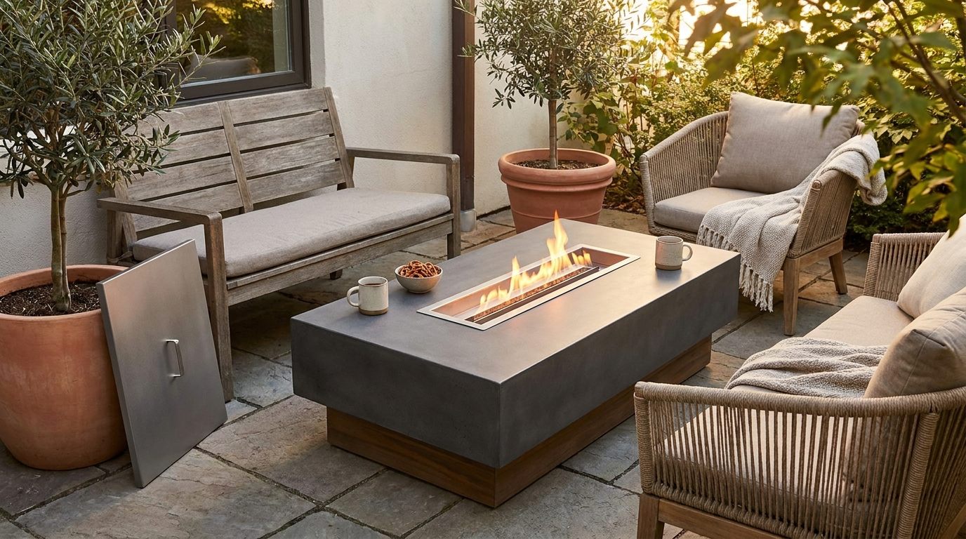 Fire pit coffee table with drinks and compact outdoor seating on a small cozy patio.
