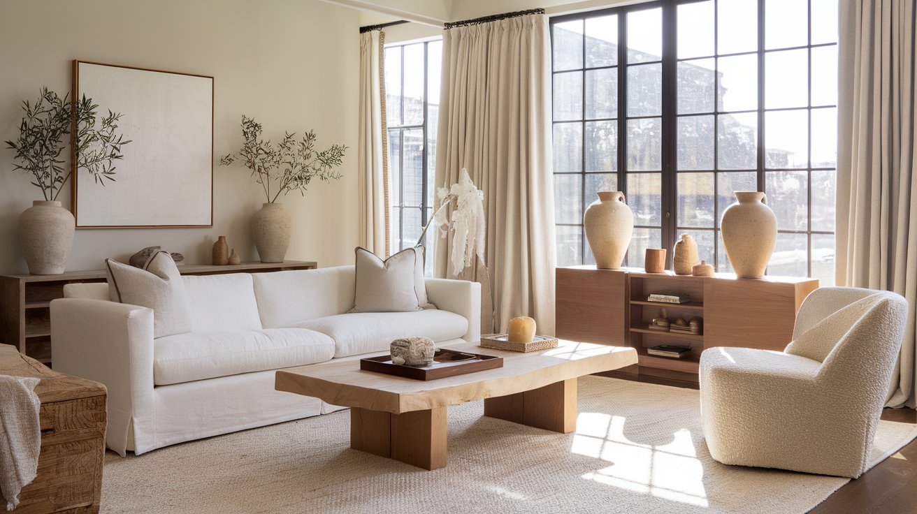 Living room with Benjamin Moore Pale Oak walls, White Dove trim, warm natural sunlight, and white oak furniture showing the paint color in a bright, inviting space.