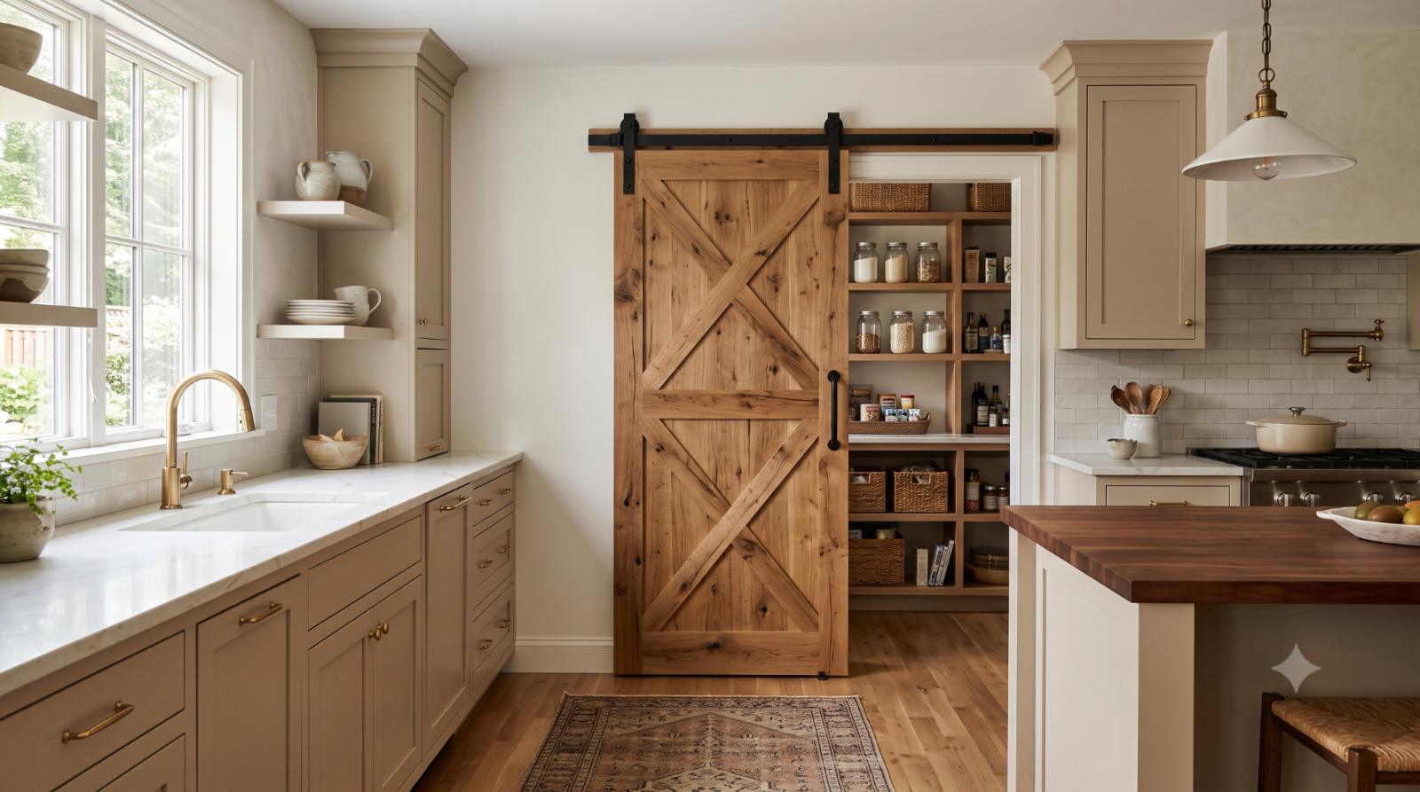 Realistic kitchen with a sliding barn door for a pantry or entry, showing a space-saving design that adds rustic charm and practical function.