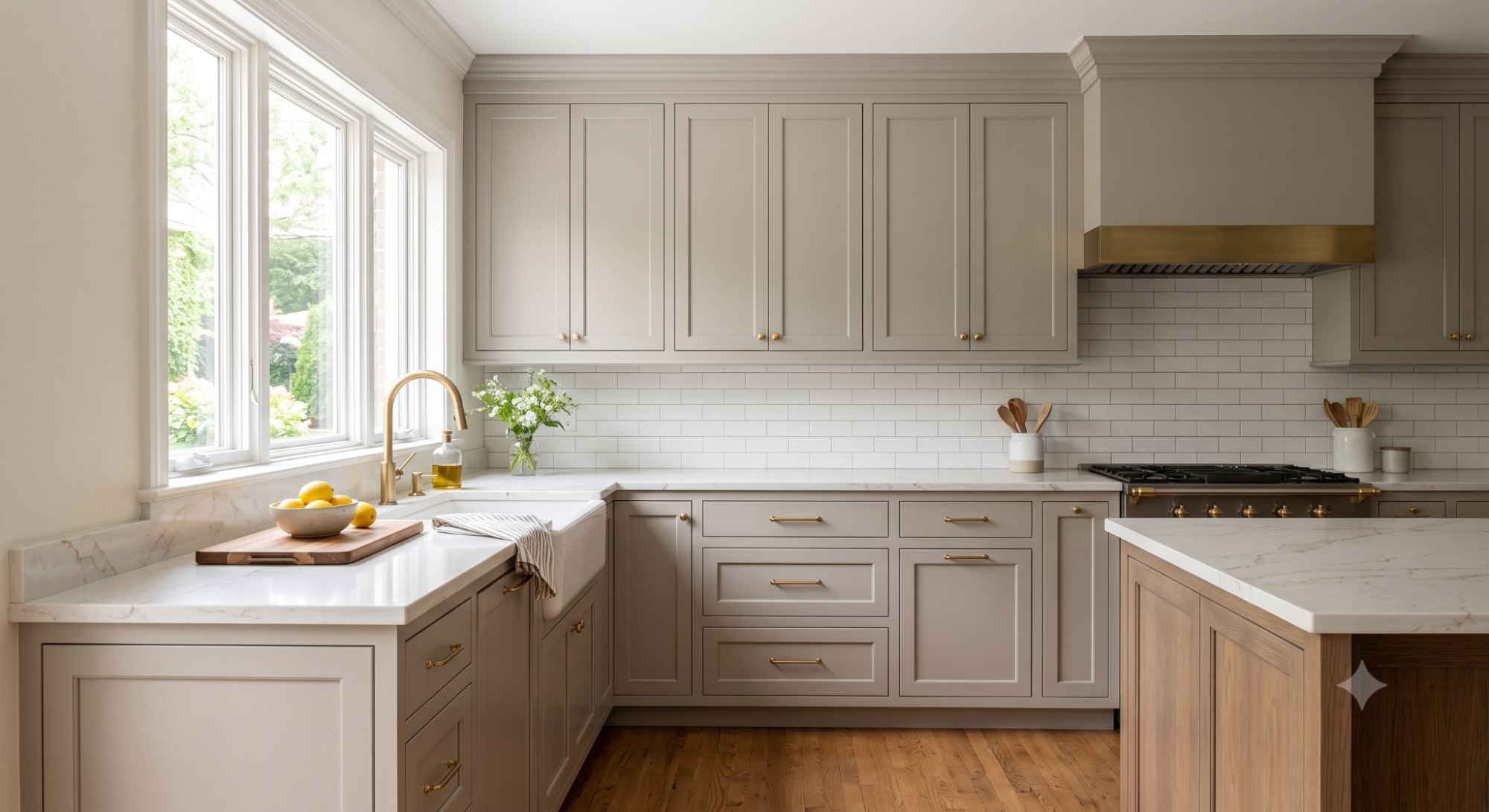 Warm greige kitchen cabinets with a smooth painted finish, warm white countertops, brass hardware, and soft natural light.