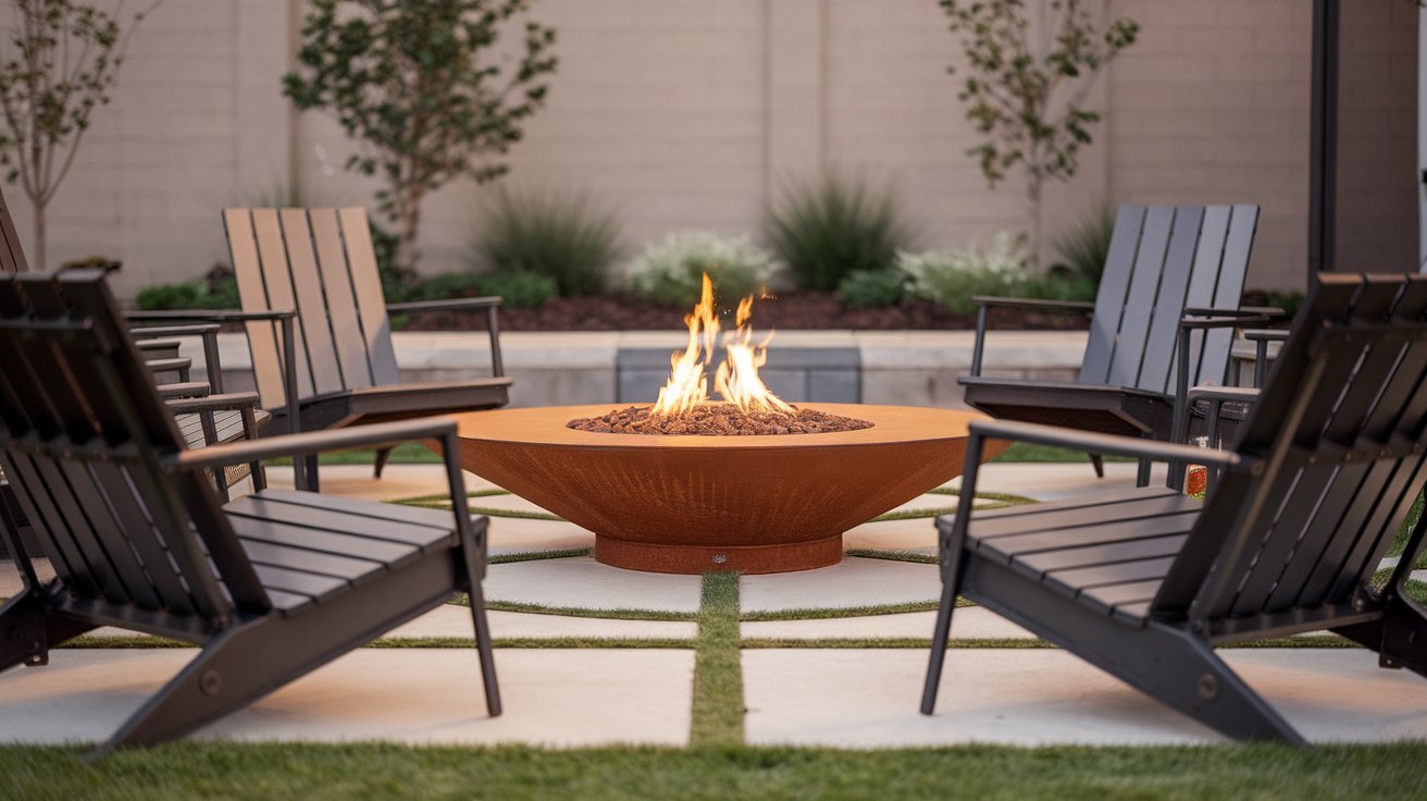 Metal fire pit with aged corten steel finish, cozy seating, and a heat-resistant pad on a backyard patio.