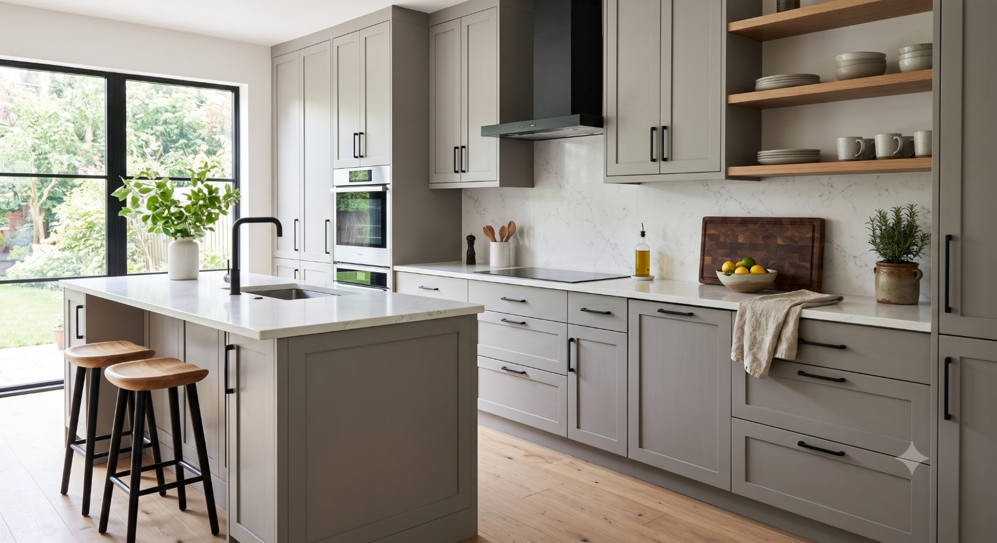 Soft gray kitchen cabinets with a smooth painted finish, quartz countertops, stainless or black hardware, and bright natural daylight.