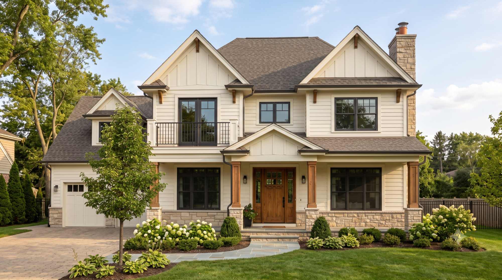 House exterior painted in Swiss Coffee warm off-white with dark trim and a wood front door.