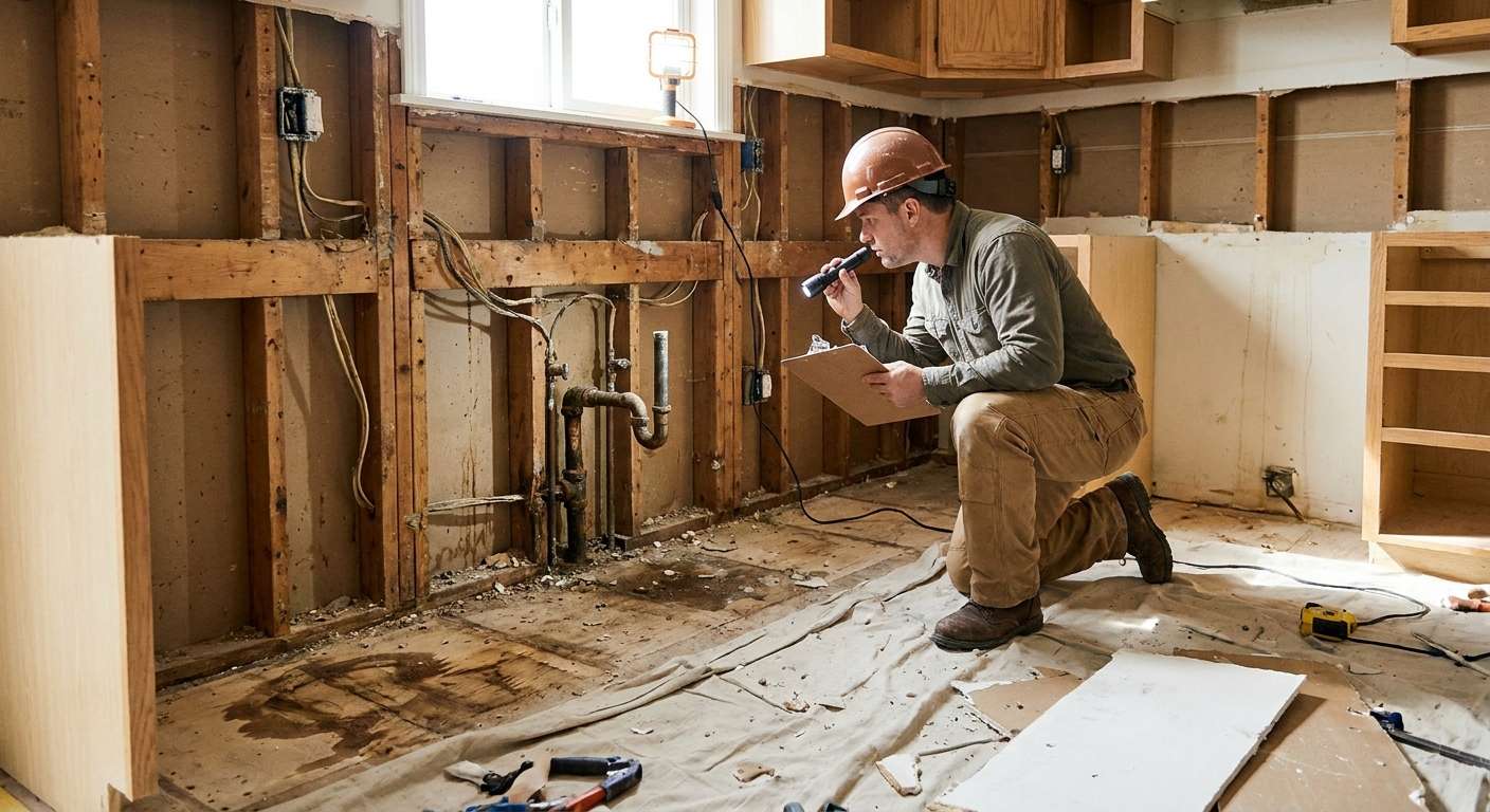 Kitchen demolition revealing plumbing and electrical work behind cabinets while a contractor inspects hidden remodeling issues.