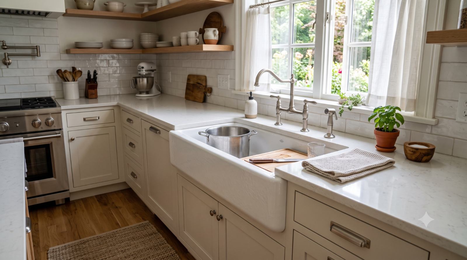 Realistic kitchen with a large deep apron-front farmhouse sink, showing a practical focal point for washing big pots and pans in a warm family-friendly space.