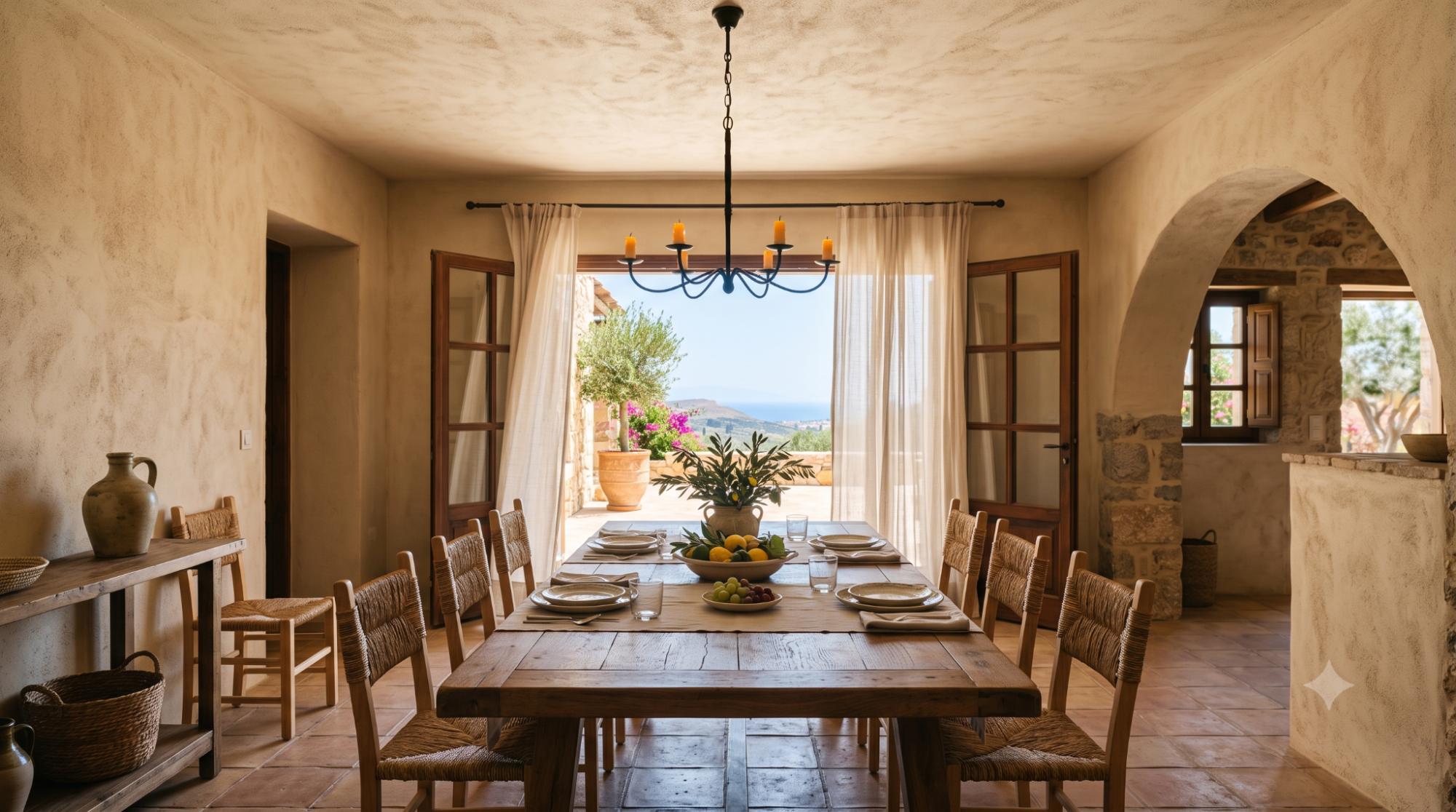 Mediterranean dining room with a rustic wood table, woven chairs, iron chandelier, ceramic centerpiece, warm plaster walls, and open doors to a sunny patio.