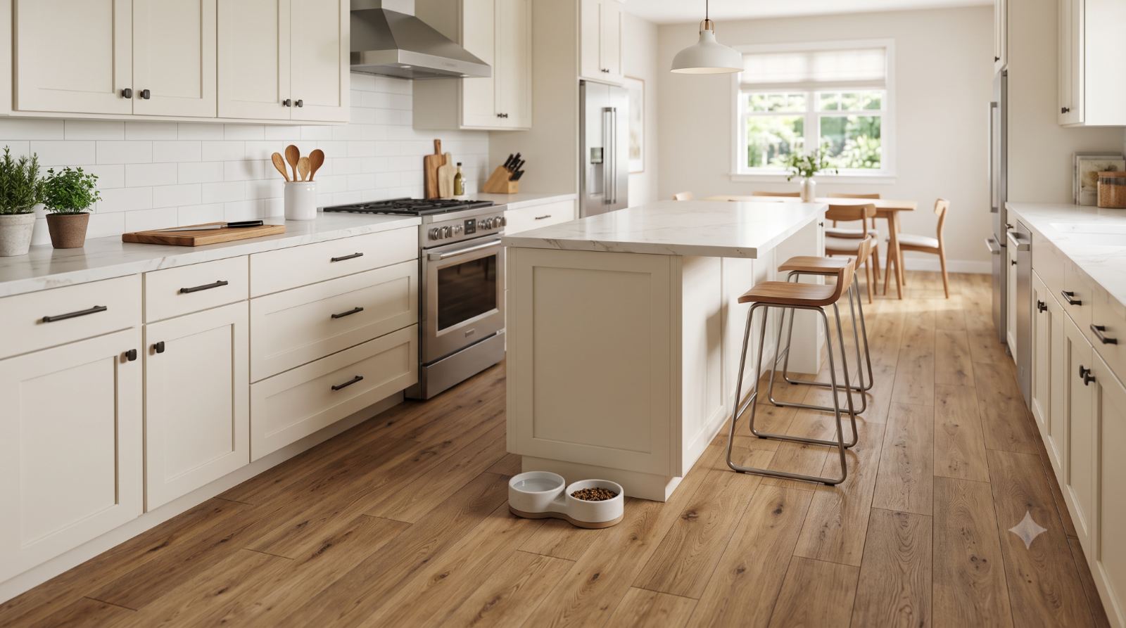 Realistic modern kitchen with luxury vinyl plank flooring that looks like wood or stone, showing a waterproof, scratch-resistant, easy-to-clean floor for everyday use.