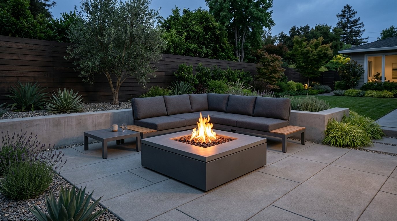 Square modern fire pit aligned with patio pavers and sleek outdoor seating in a contemporary backyard.