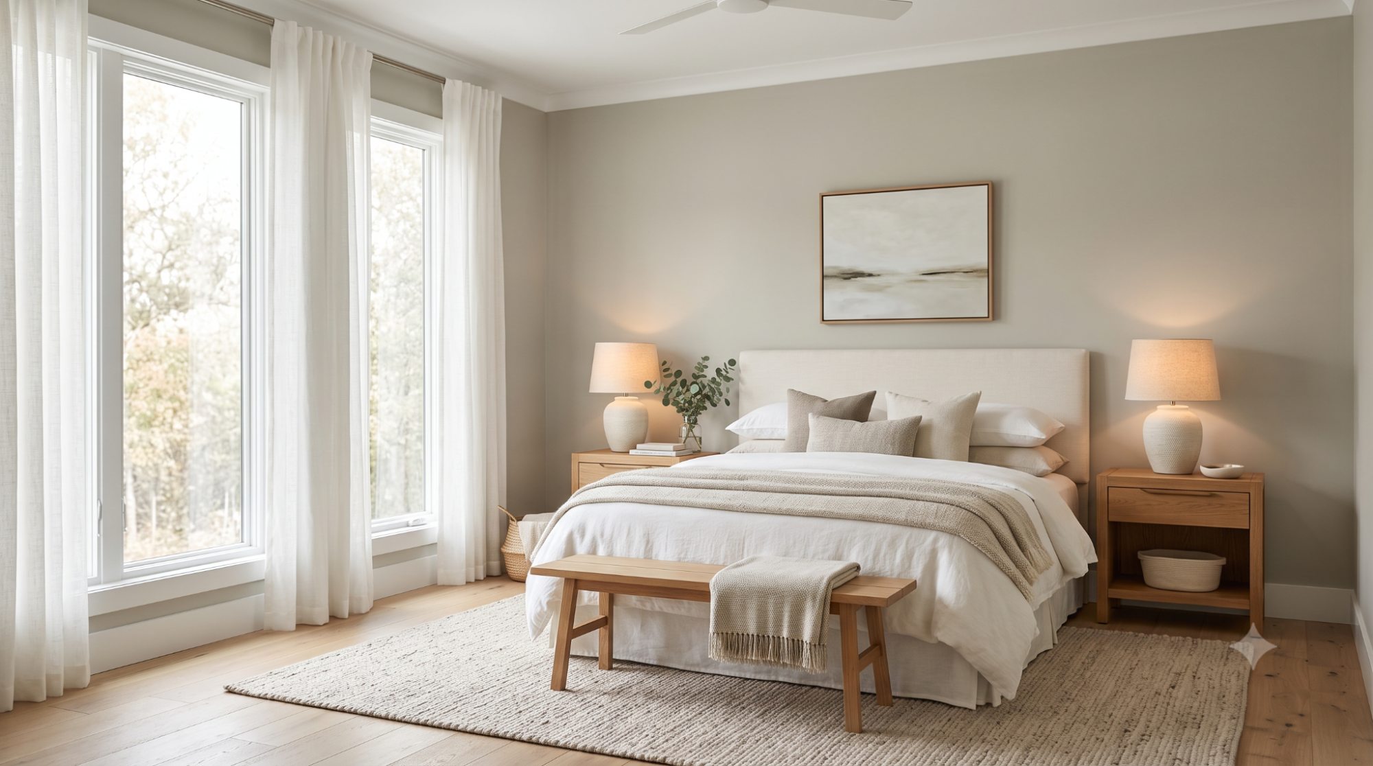 Peaceful bedroom with Benjamin Moore Revere Pewter walls, white and cream bedding, warm oak nightstands, and soft natural daylight highlighting its warm greige color.