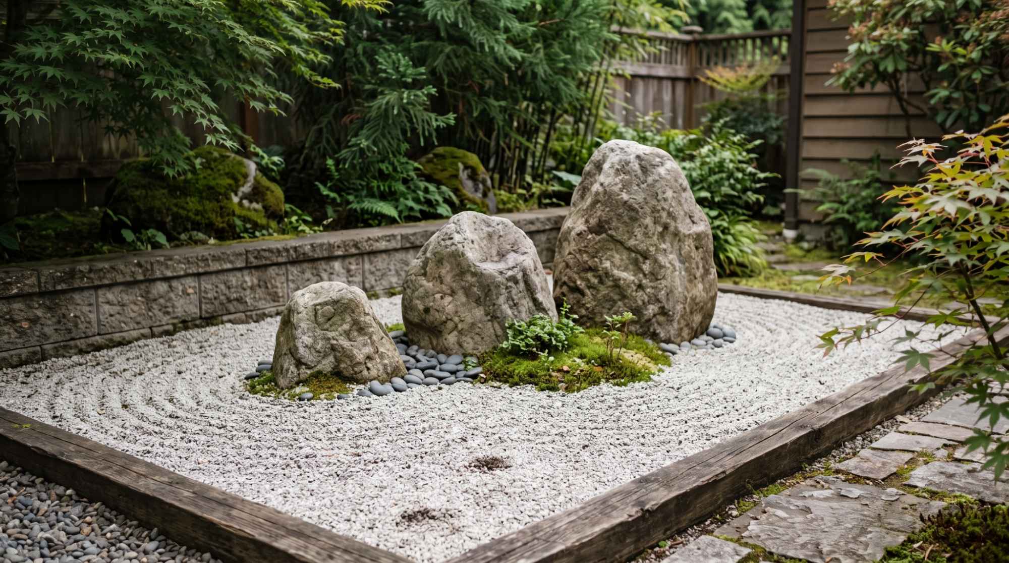 Small Zen rock garden with raked gravel, three natural stones, and minimal planting in a peaceful backyard corner.