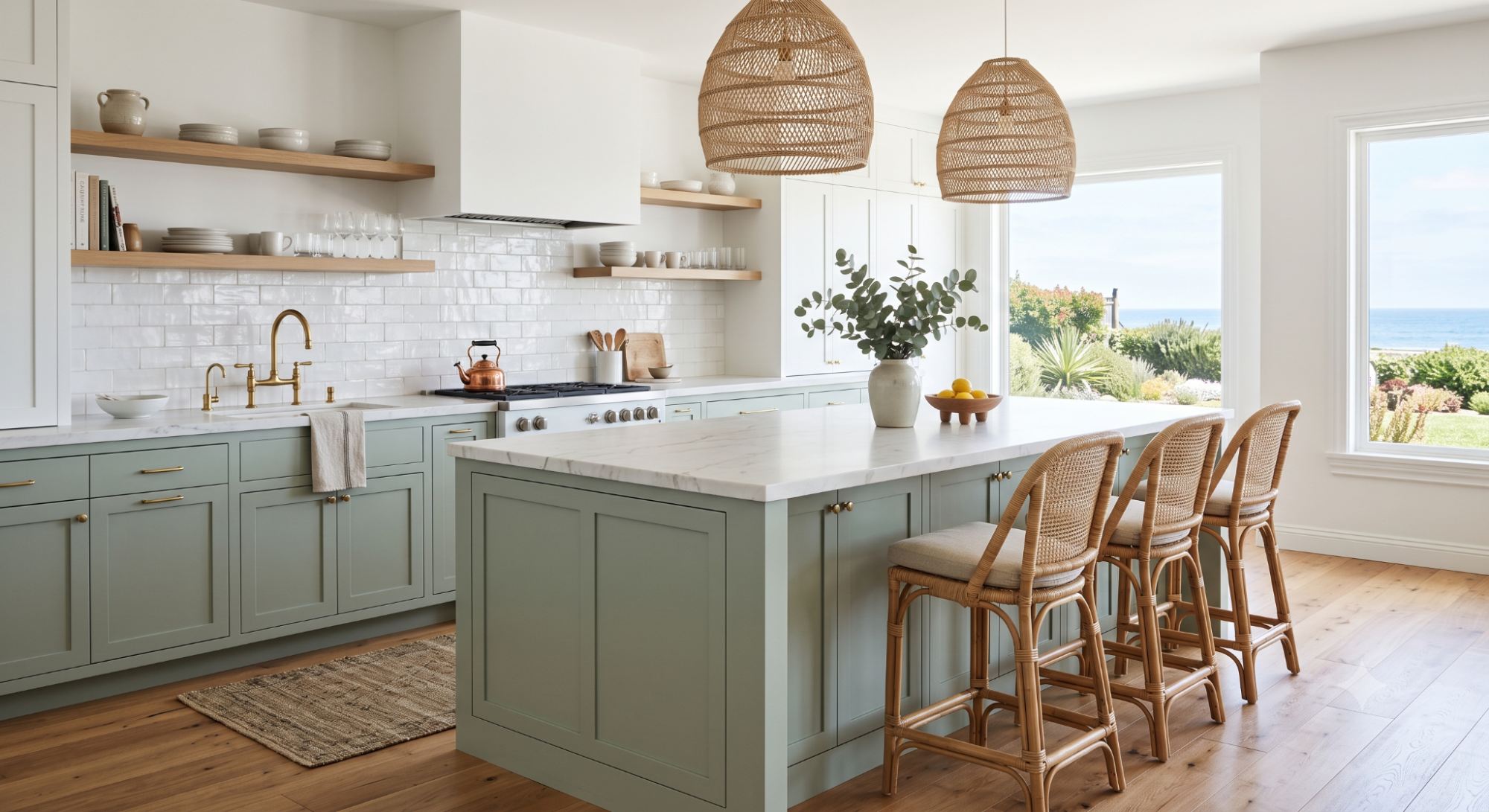 Beach house kitchen with soft blue or muted green accents, white walls, wood floors, woven lighting, and relaxed coastal styling.