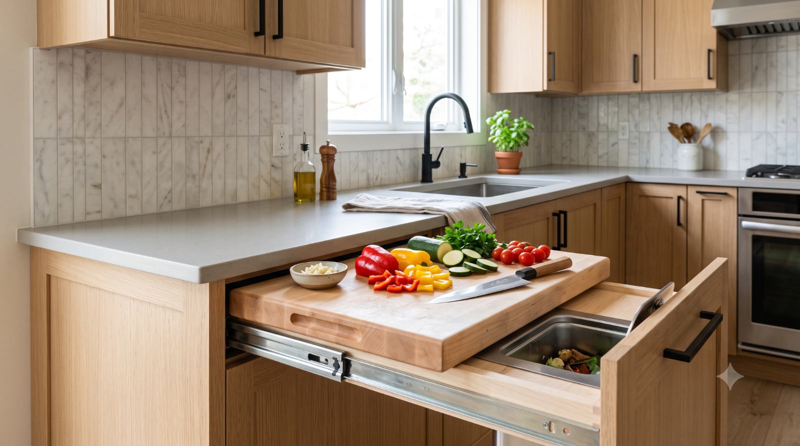 Realistic kitchen with a pull-out built-in cutting board and prep station, showing chopped vegetables, clear counters, and a trash chute for easy cleanup.