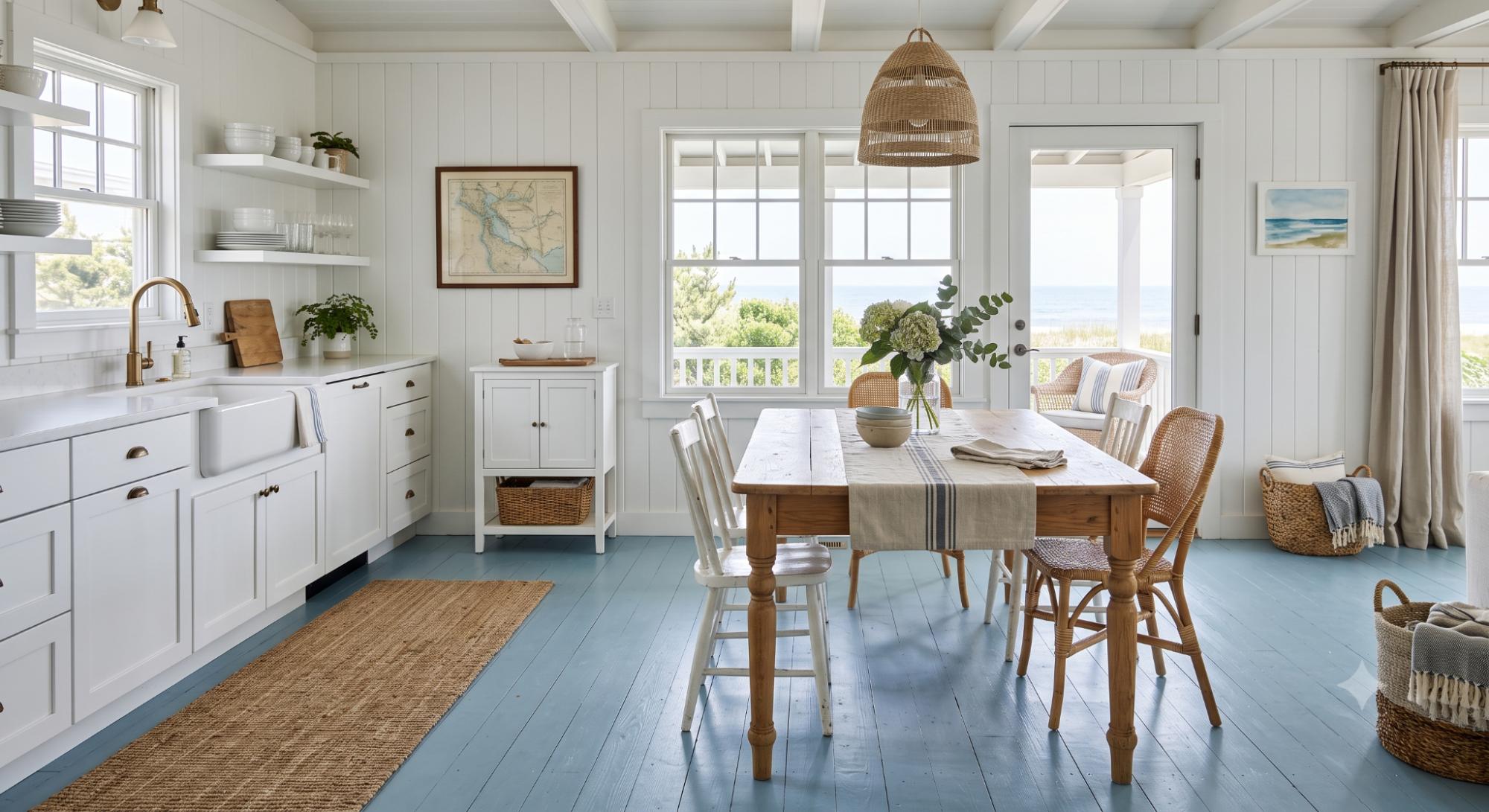 Beach house interior with soft blue painted floors, white walls, simple furniture, natural light, and relaxed coastal styling.