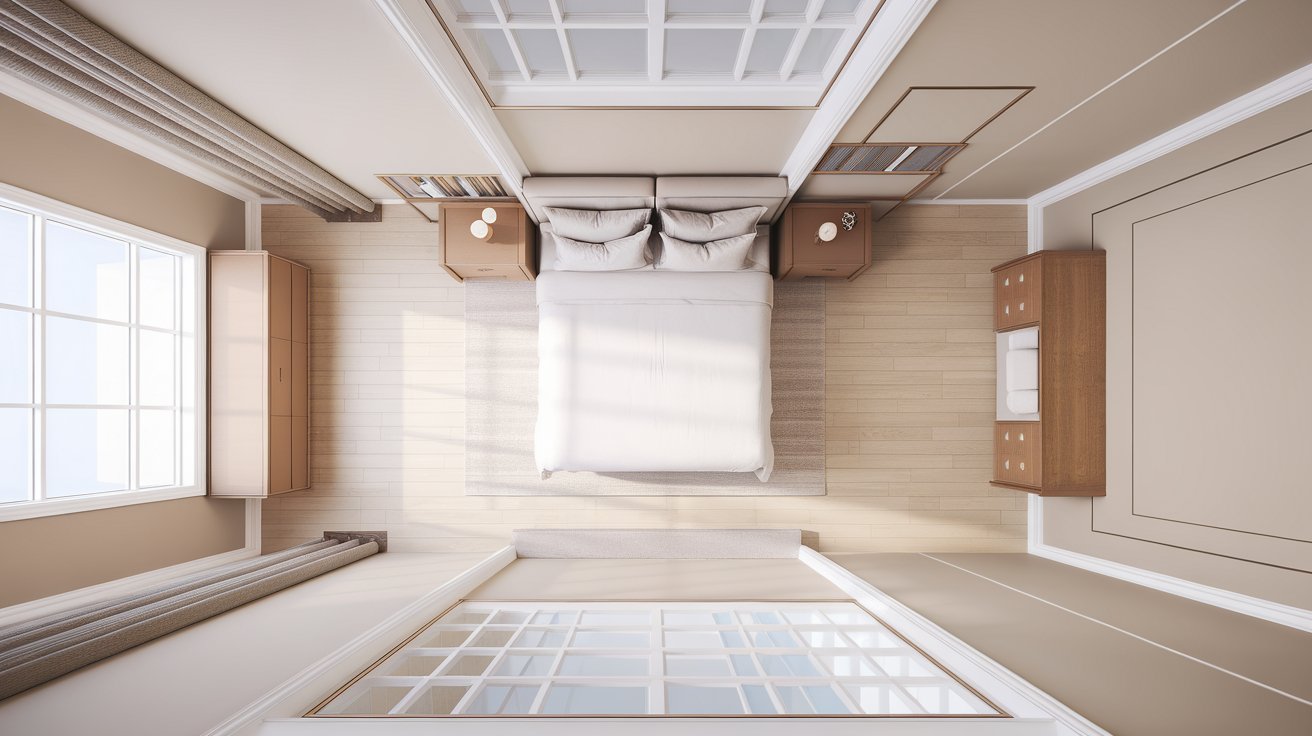 Top-down bedroom layout showing the ideal room size and furniture placement for a queen bed with comfortable walking space.