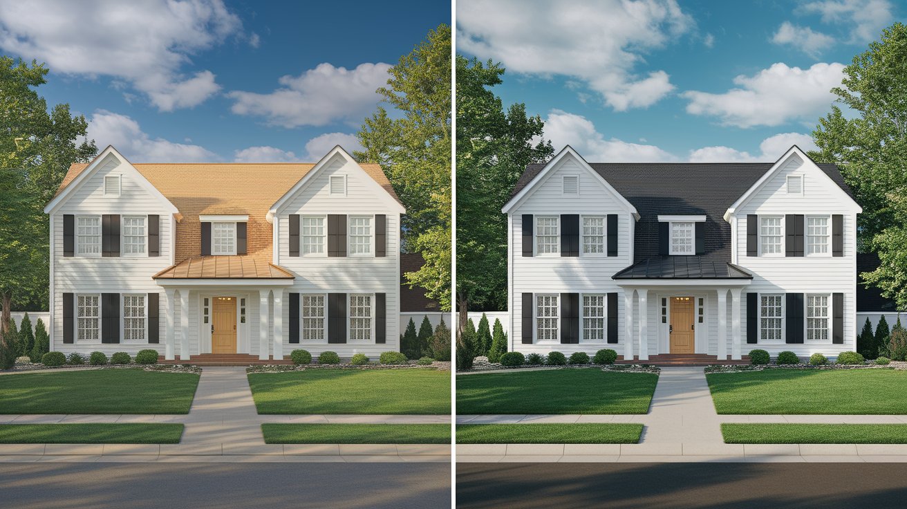 Side-by-side comparison of the same house with a light tan roof and a charcoal gray roof showing how roof color affects curb appeal and first impressions.