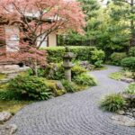 Japanese garden ideas with gravel path, stone lantern, and Japanese maple tree in a peaceful backyard space.