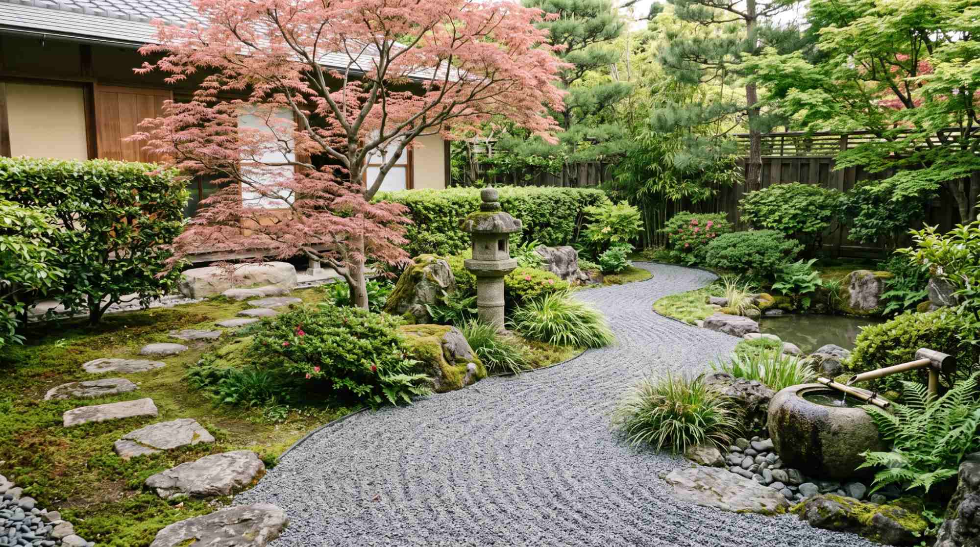 Japanese garden ideas with gravel path, stone lantern, and Japanese maple tree in a peaceful backyard space.