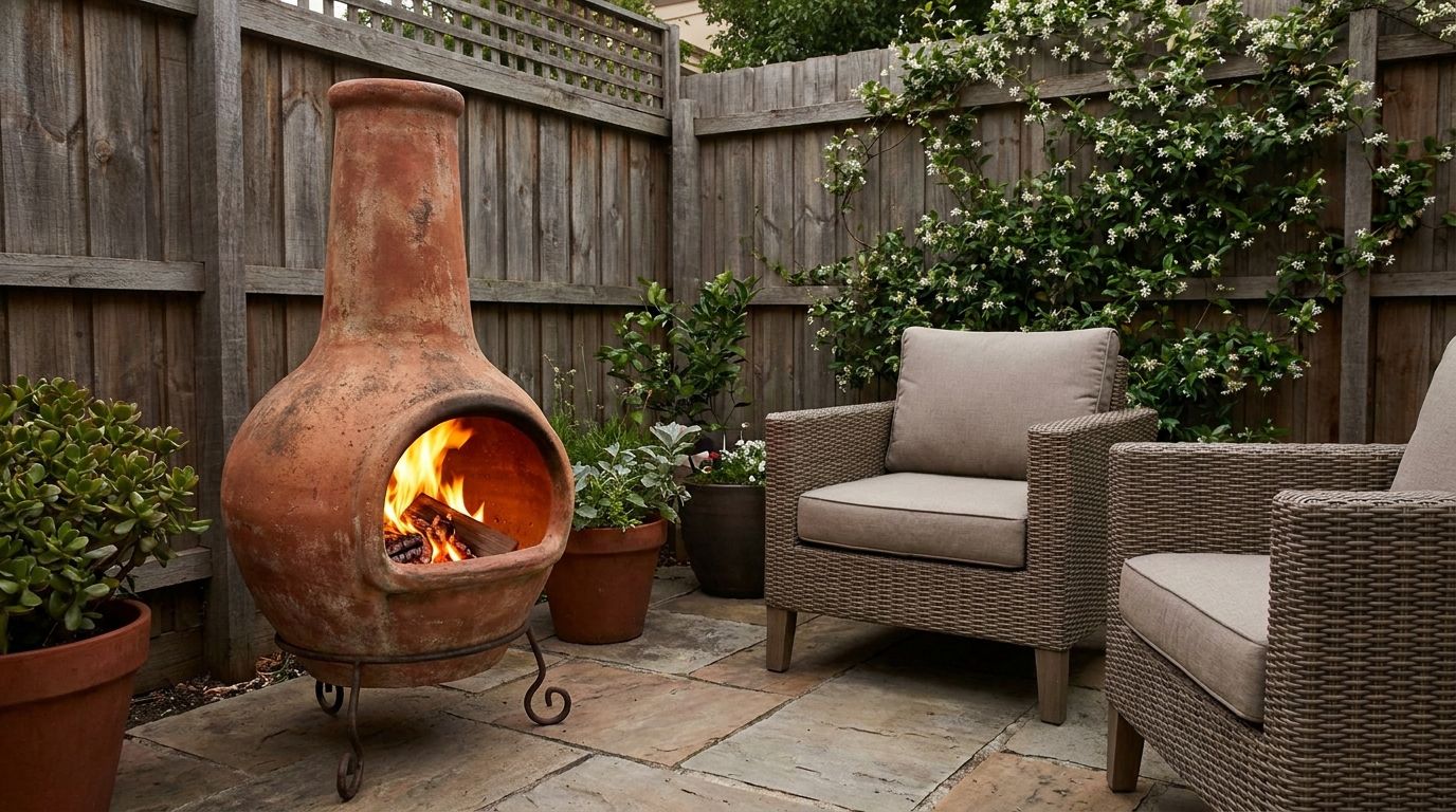 Chiminea fire pit on a small patio with cozy chairs and a vertical smoke-directing design.