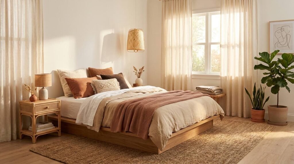 Cozy bohemian bedroom with layered neutral bedding, rattan furniture, a jute rug, indoor plants, and warm natural lighting.