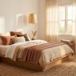 Cozy bohemian bedroom with layered neutral bedding, rattan furniture, a jute rug, indoor plants, and warm natural lighting.
