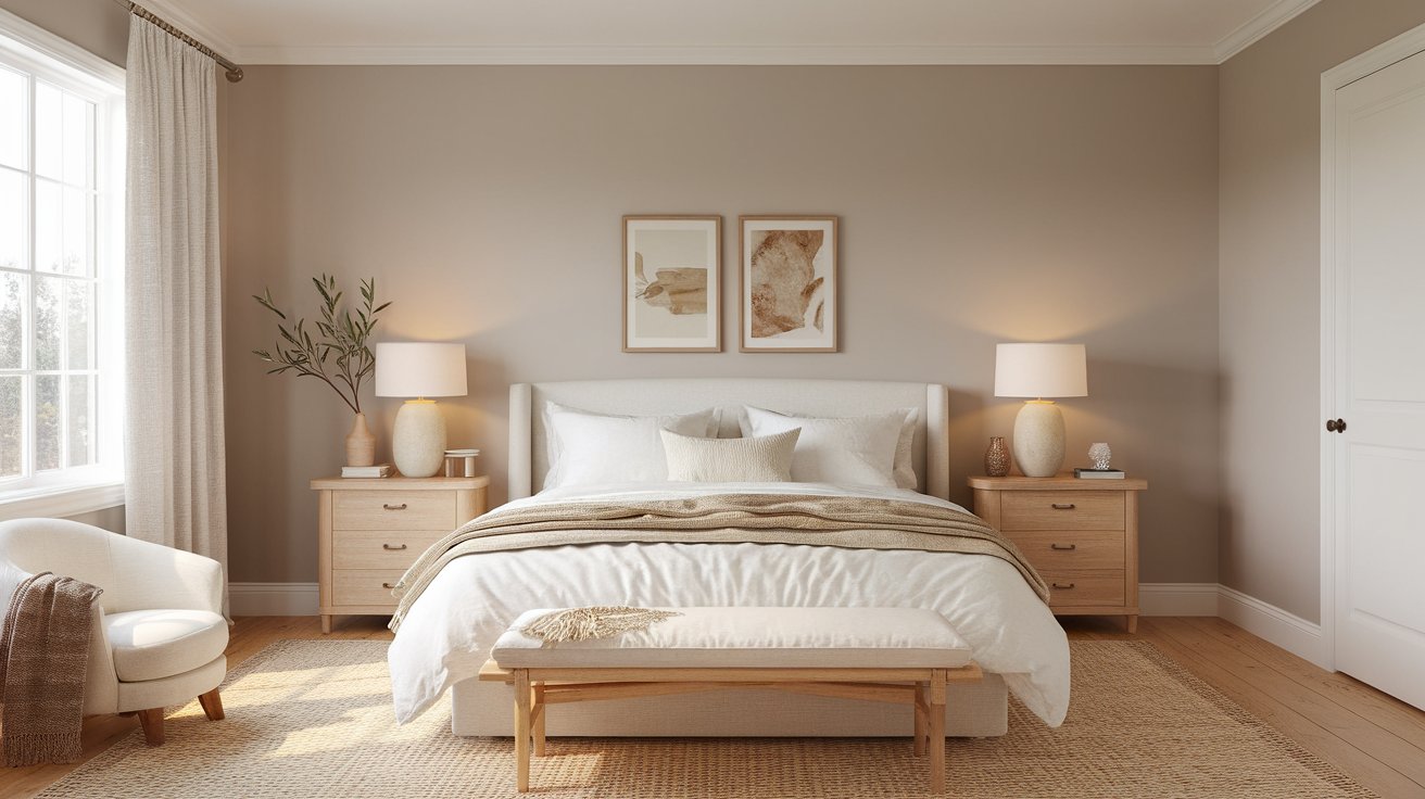 Bedroom with Benjamin Moore Pale Oak walls, Simply White trim, warm bedside lighting, and linen bedding highlighting the paint's soft taupe undertones.