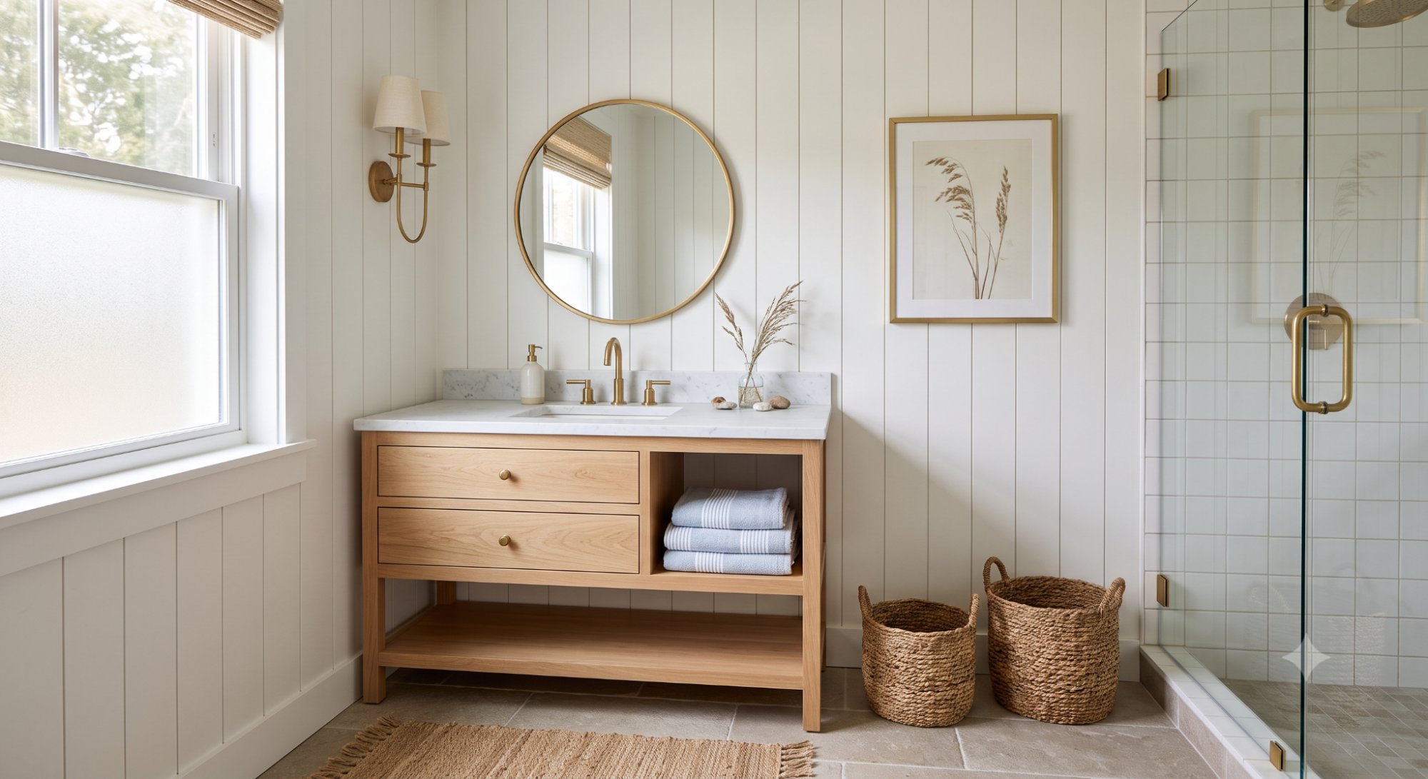 Beach house bathroom with white tile, a light wood vanity, woven baskets, soft blue towels, and polished brass or chrome fixtures.