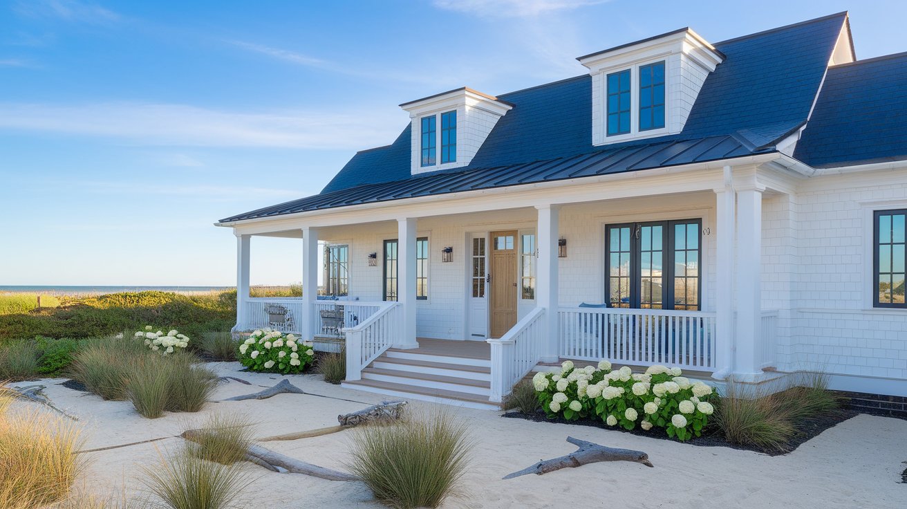 Coastal-style beach house with a deep navy blue architectural shingle roof and white siding showcasing a bold roof color that complements seaside homes and coastal architecture.