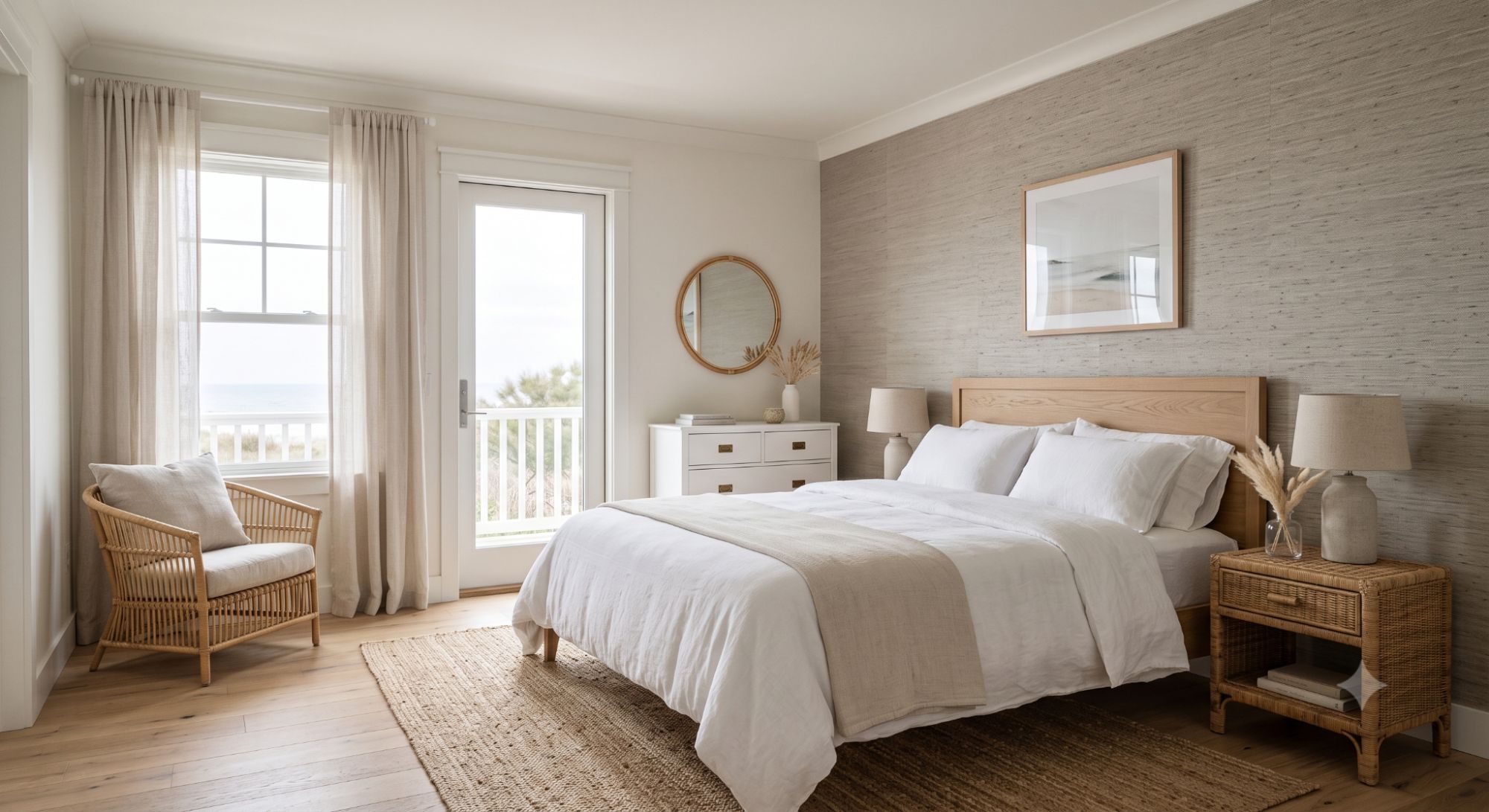 Beach house room with grasscloth-style textured wallpaper, simple coastal decor, light wood furniture, and soft neutral colors.