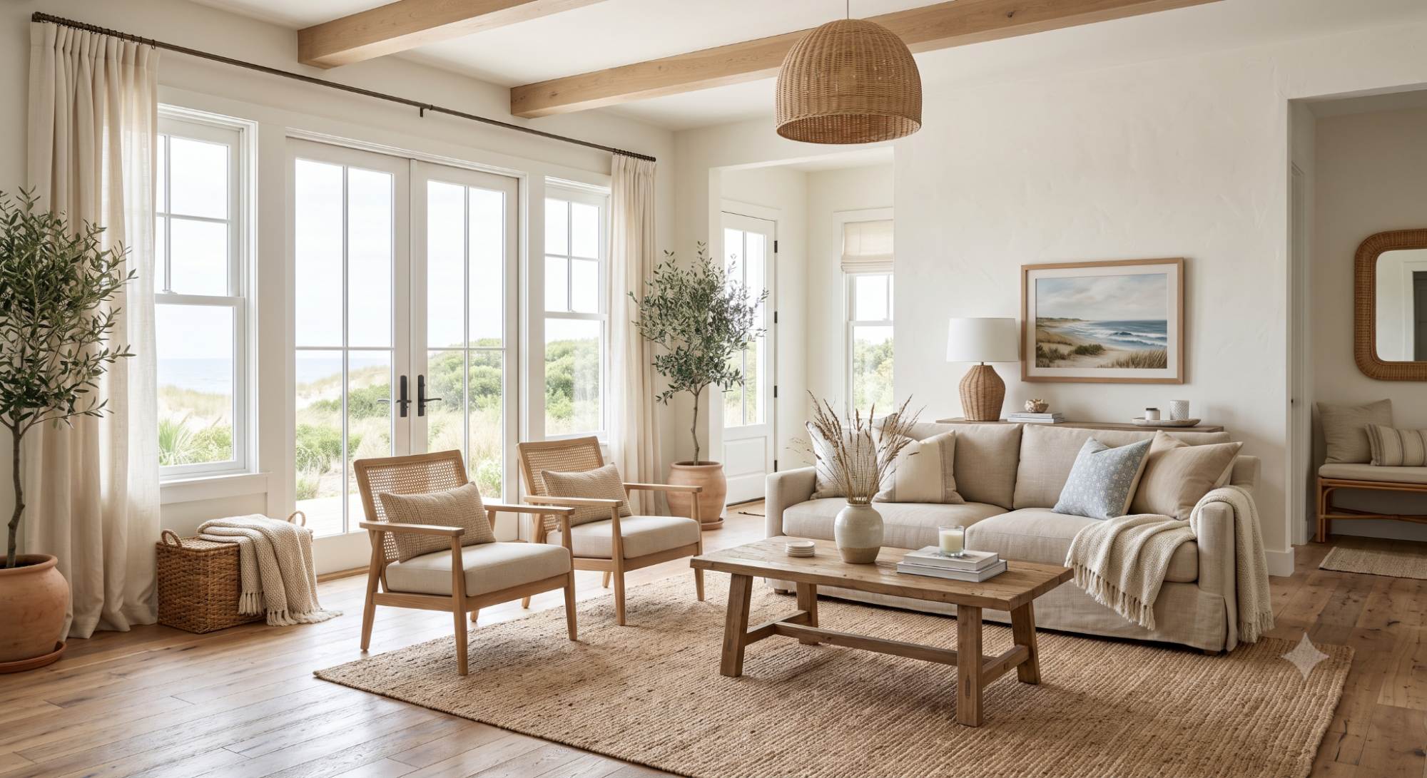 Beach house interior with warm white walls, wood furniture, rattan accents, linen textiles, and soft blue coastal details.