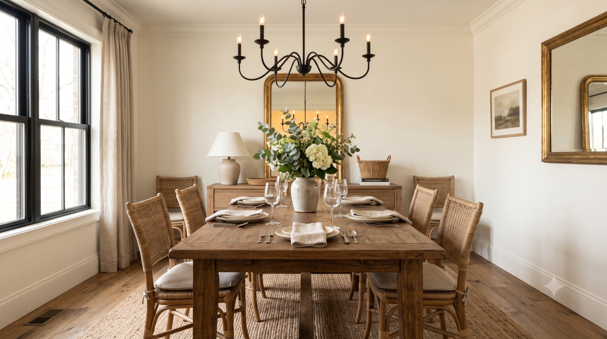 Dining room with Swiss Coffee warm off-white walls, farmhouse table, wicker chairs, and black iron chandelier.