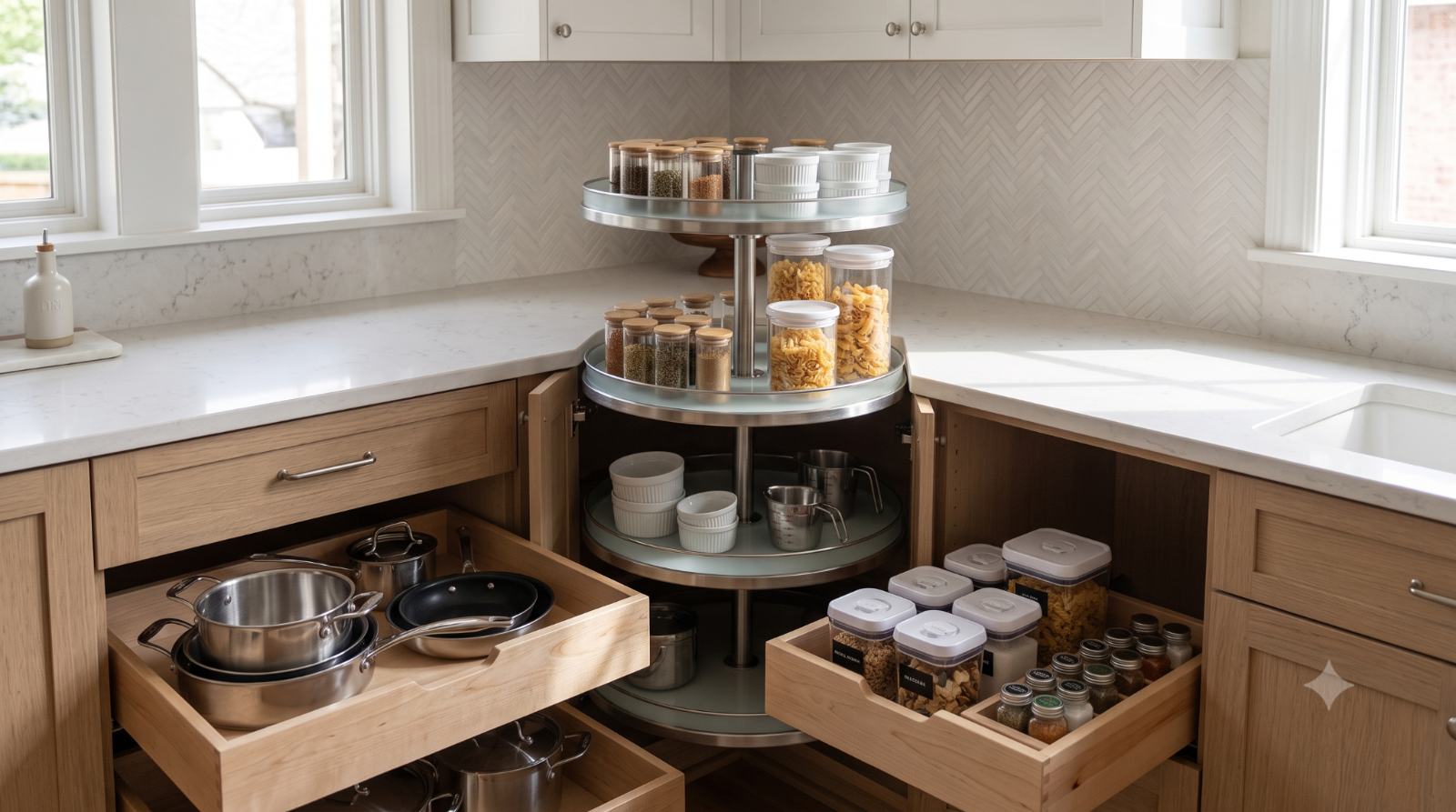 Realistic kitchen cabinets with pull-out drawers and a corner lazy Susan organizer, showing neatly arranged pots, jars, and kitchen items for easier access and better storage.