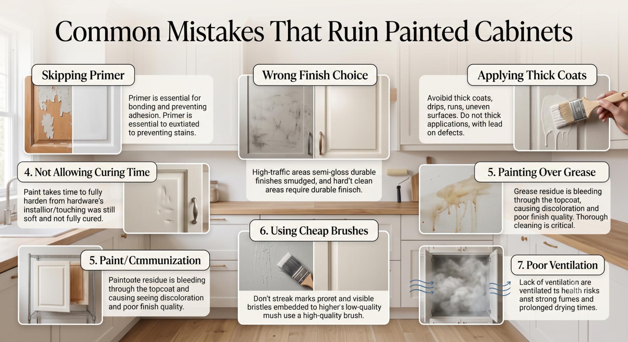 Infographic showing common cabinet painting mistakes such as skipping primer, using the wrong finish, applying thick coats, and not allowing enough curing time.