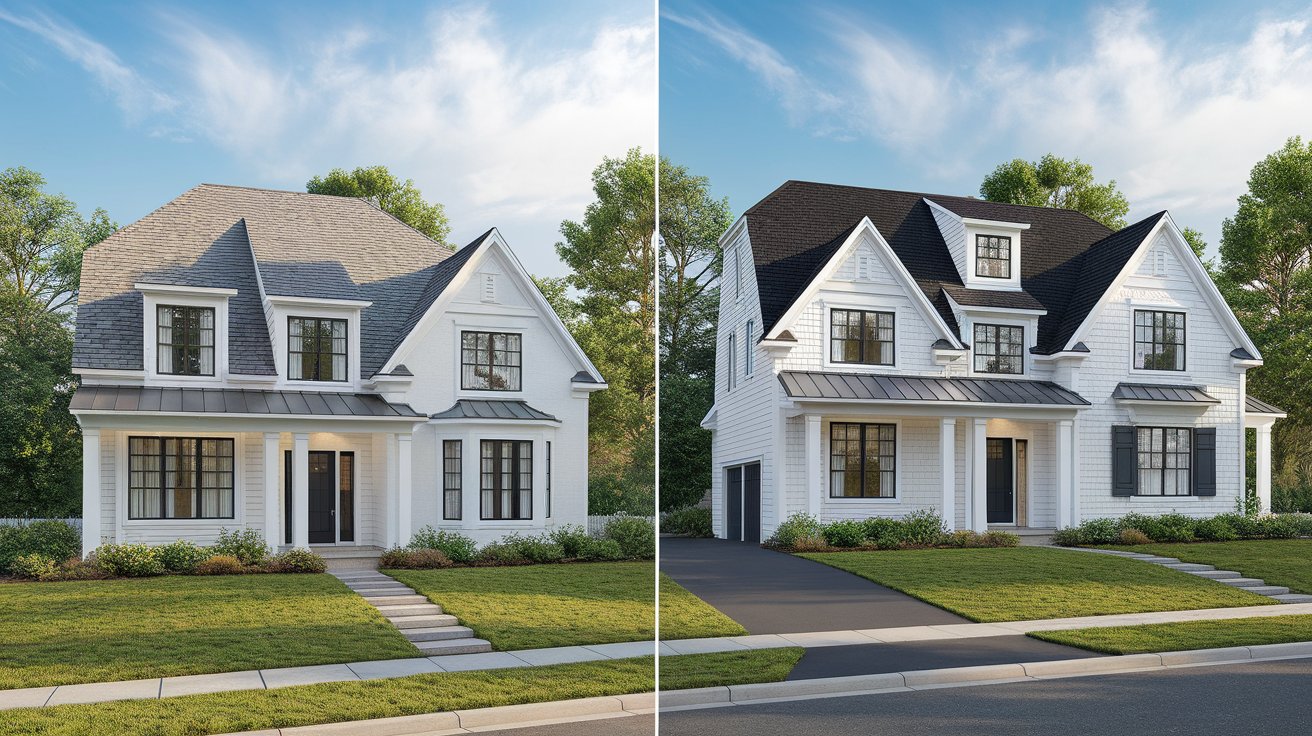 Side-by-side comparison of the same home with a light gray roof and a dark charcoal roof illustrating the visual differences between light and dark roof colors for energy efficiency and curb appeal.