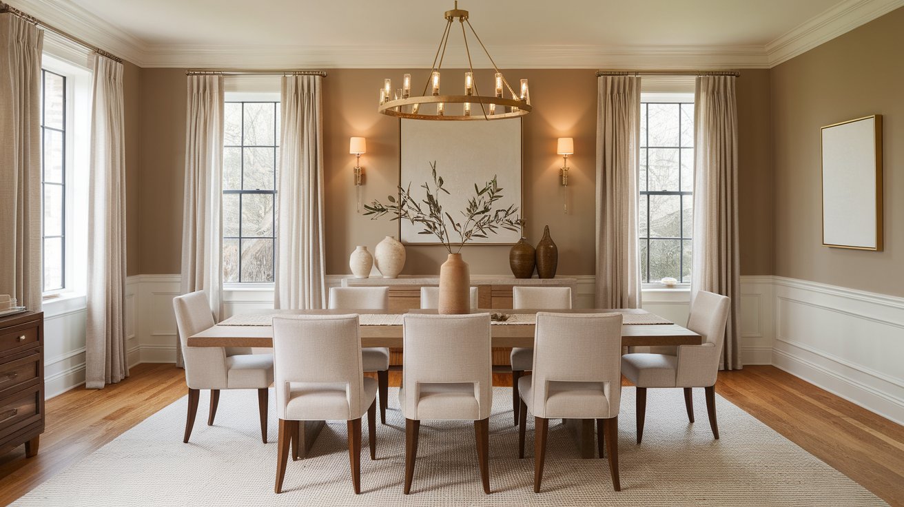 Dining room with Benjamin Moore Pale Oak walls, White Dove trim, warm chandelier lighting, and a solid wood dining table highlighting the paint's cozy taupe undertones.
