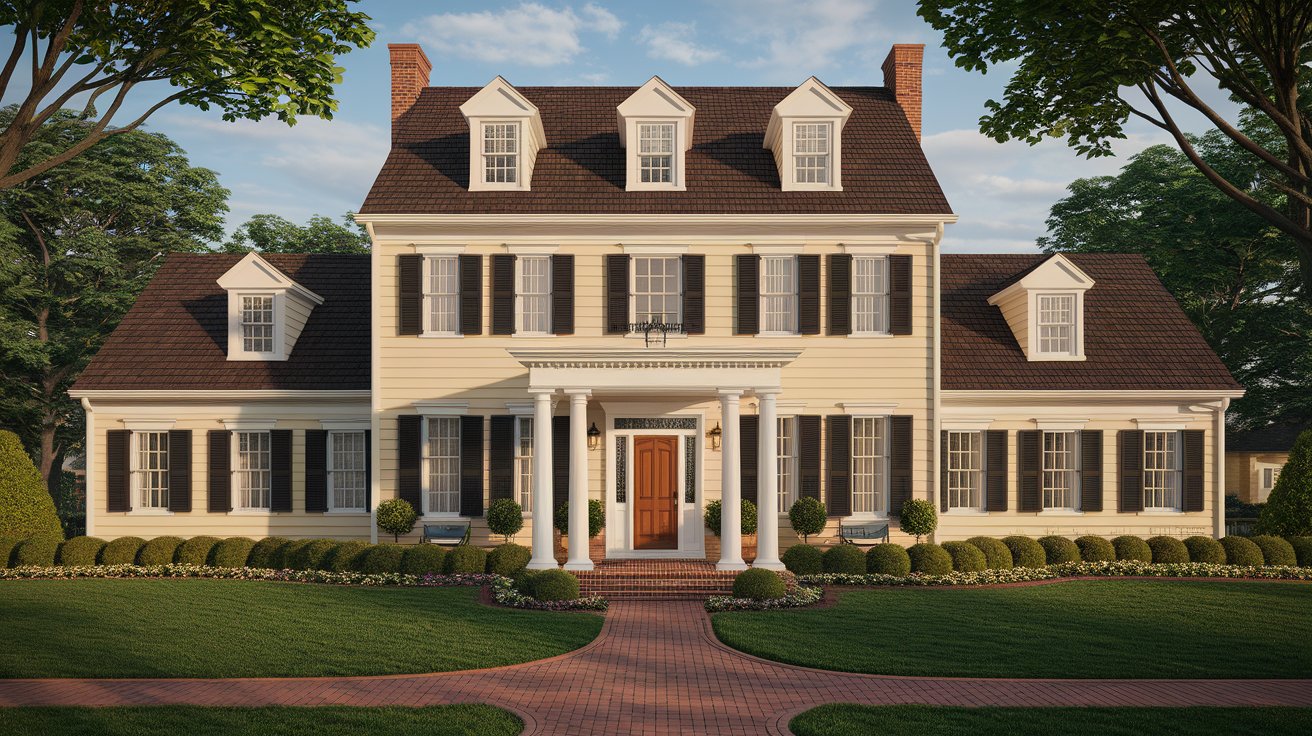 Traditional two-story Colonial home with a deep espresso dark brown shingle roof paired with cream siding and brick accents for a timeless, classic appearance.