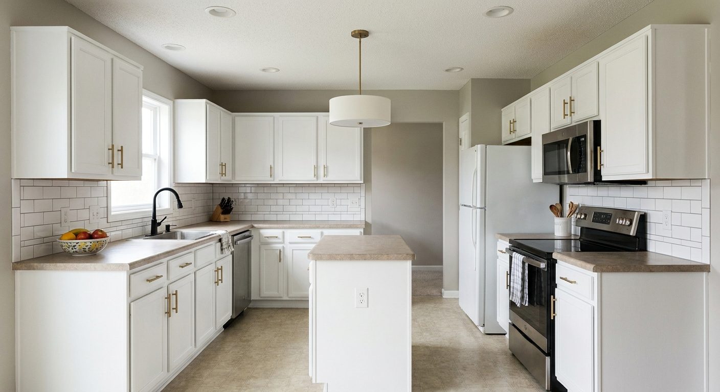 Minor kitchen remodel with painted cabinets, updated hardware, new lighting and a simple backsplash.