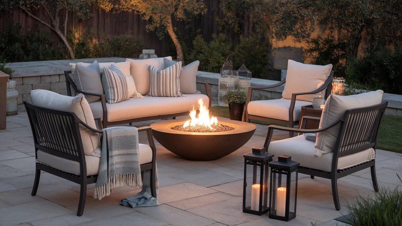 Cozy fire pit lounge with blankets, pillows, lanterns, and a weatherproof storage bin in a warm backyard setting.