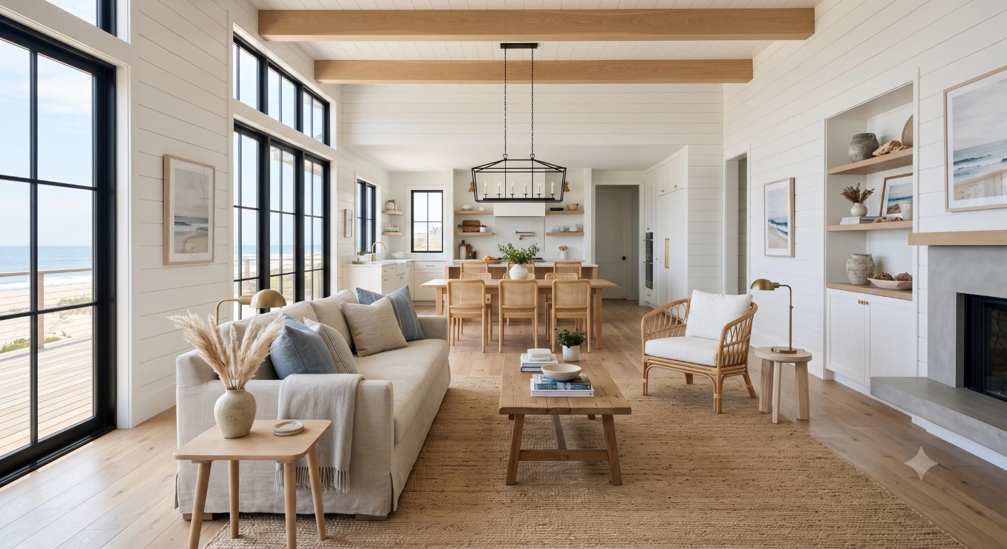 Modern beach house interior with clean-lined furniture, white walls, linen and rattan textures, light wood, and a bright uncluttered coastal look.