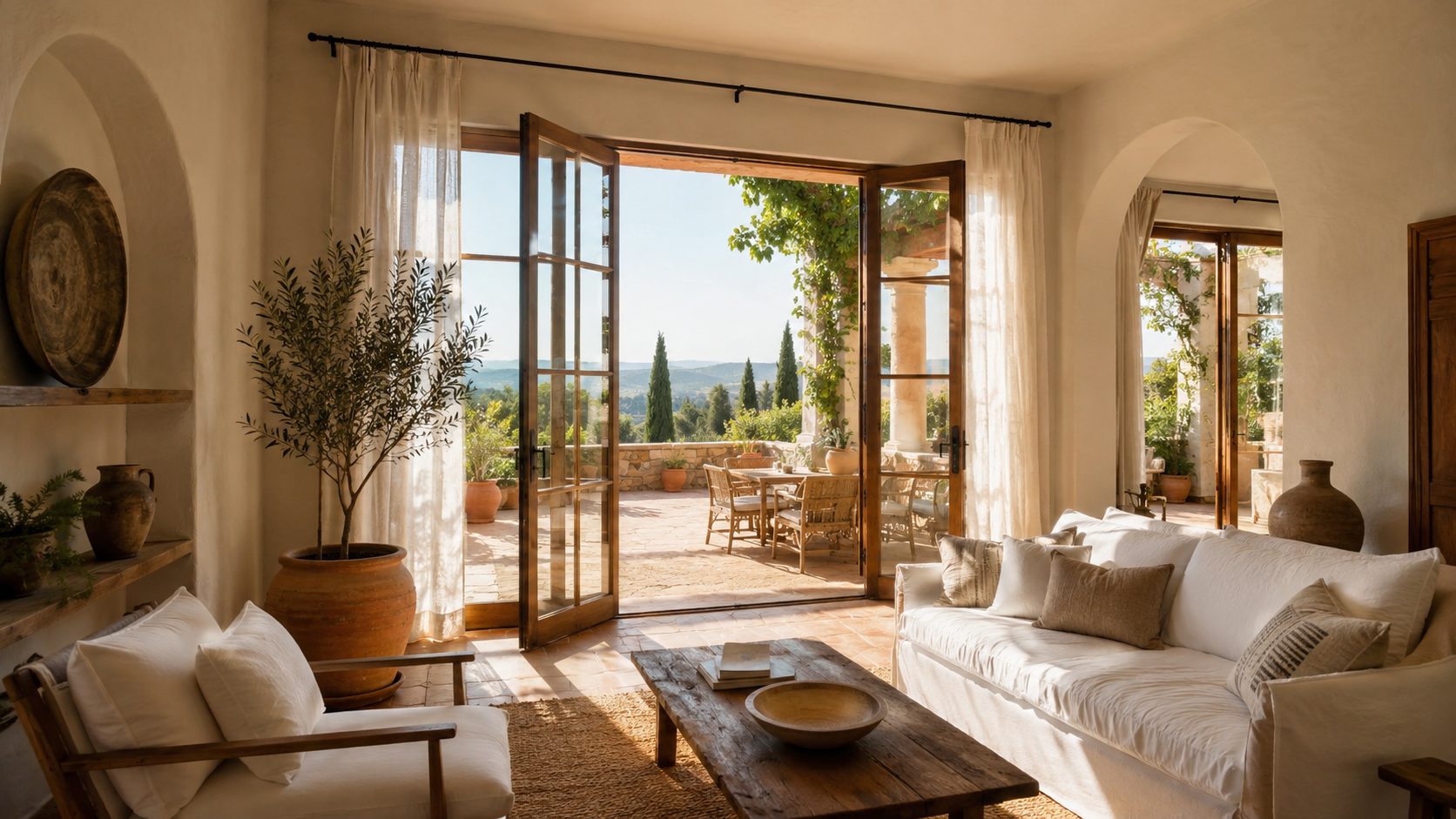 Mediterranean living room with open doors to a sunny patio, warm plaster walls, linen curtains, olive tree, rustic wood table, and terracotta flooring.