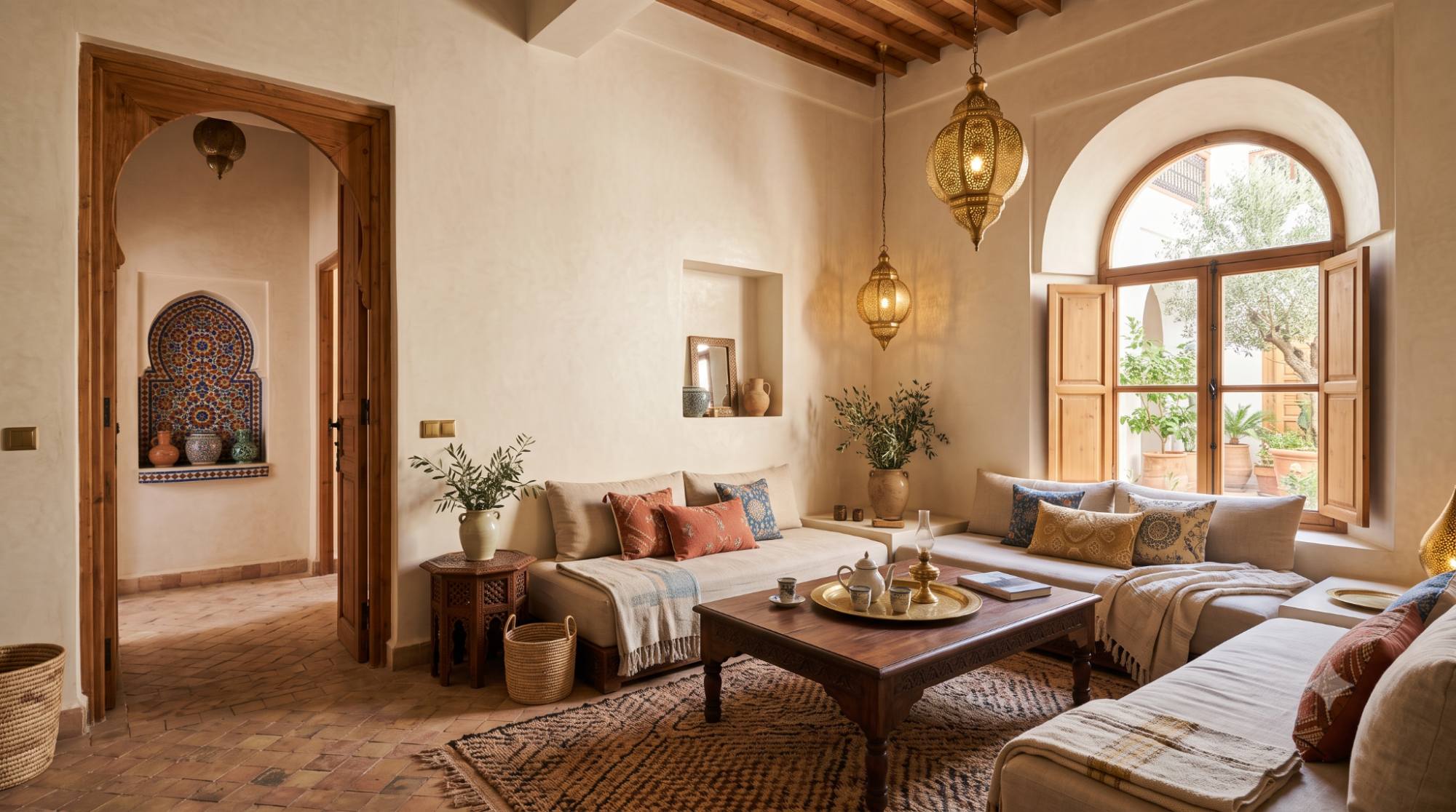 Moroccan Mediterranean room with mosaic tiles, brass lanterns, carved wood furniture, low seating, patterned textiles, plaster walls, and warm earthy colors.