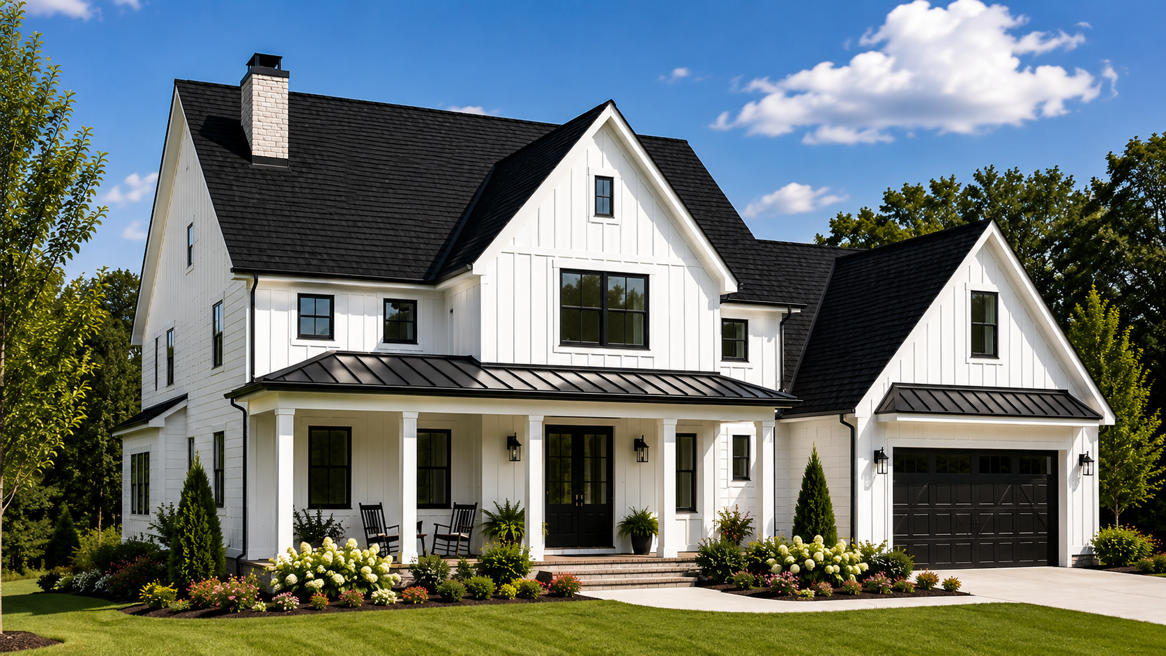 Modern white farmhouse with a sleek black asphalt shingle roof showcasing a timeless roof color that enhances curb appeal and complements contemporary home design.