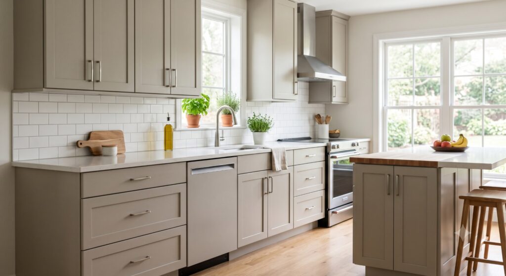 Modern kitchen with freshly painted cabinets in a warm neutral color, featuring a smooth durable finish, clean design, and bright natural light.