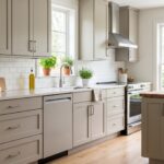 Modern kitchen with freshly painted cabinets in a warm neutral color, featuring a smooth durable finish, clean design, and bright natural light.