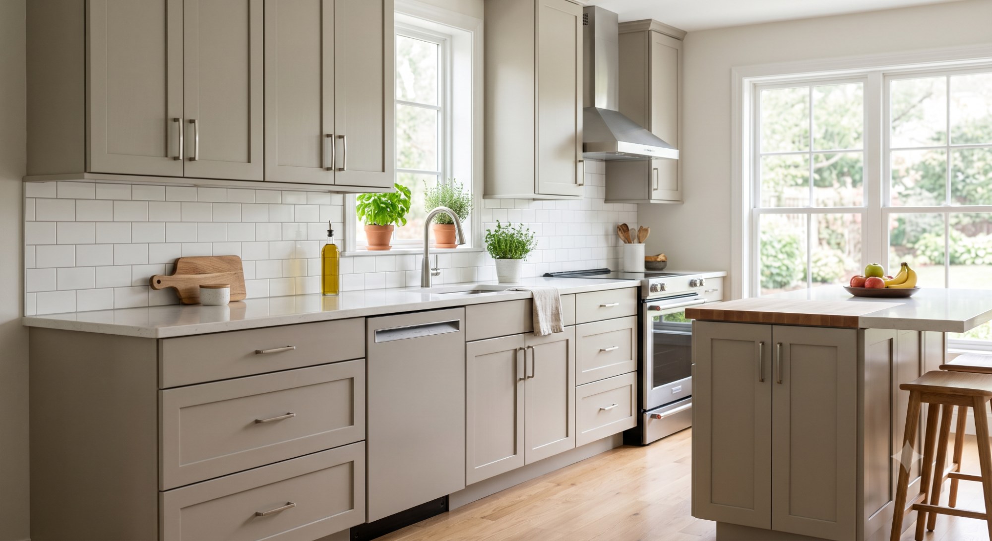 Modern kitchen with freshly painted cabinets in a warm neutral color, featuring a smooth durable finish, clean design, and bright natural light.
