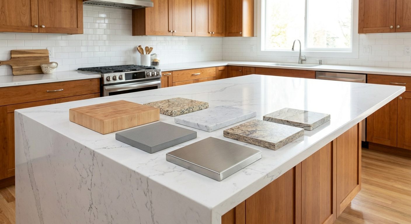 Kitchen island with quartz countertop and samples of laminate, butcher block, granite, marble and other countertop materials.