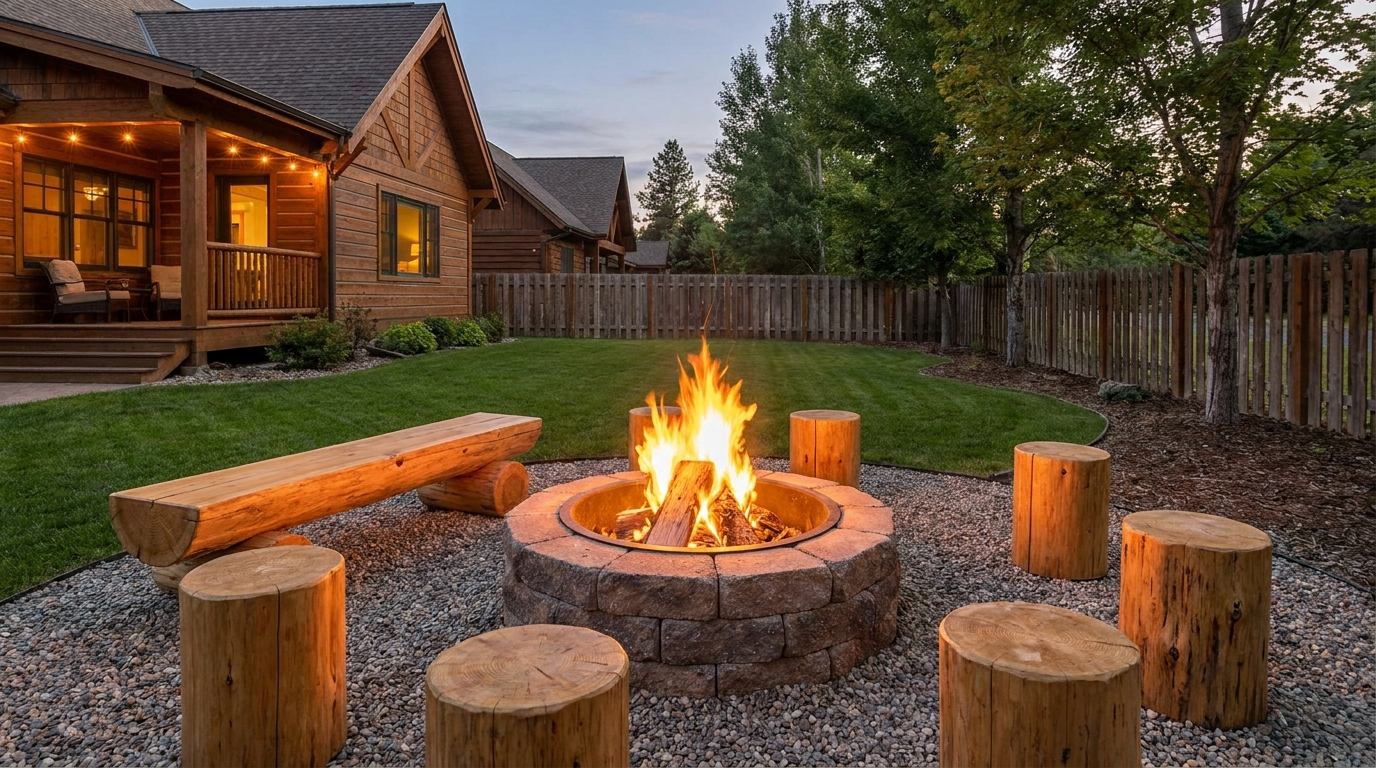 Rustic fire pit with log stools and natural wood benches in a cozy woodsy backyard setting.