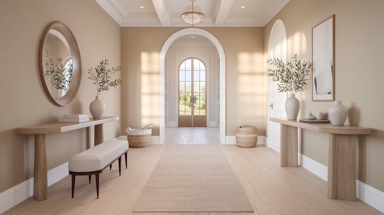Entryway with Benjamin Moore Pale Oak walls, White Dove trim, sidelight windows, natural daylight, and a light oak console table showcasing the paint's warm greige color.